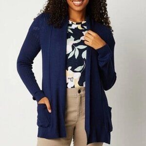 Liz Claiborne Cardigan Sweater Womens Navy Open Front Ribbed Knit Pockets NWT